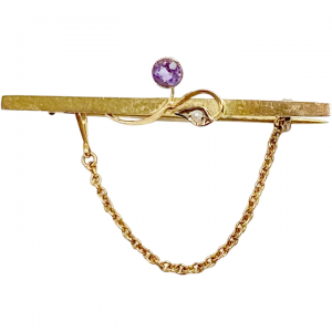 Victorian Bar Pin Gold Amethyst & Seed Pearl 9k