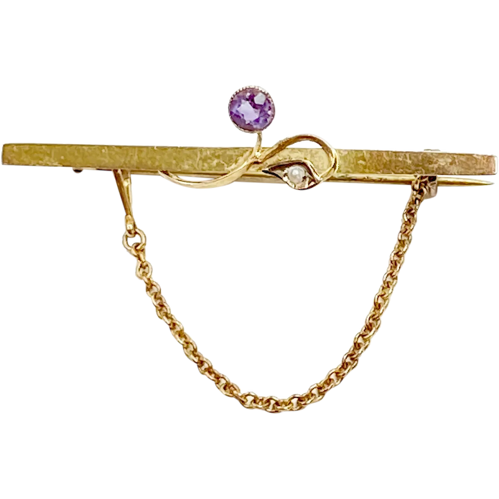 Victorian Bar Pin Gold Amethyst & Seed Pearl 9k