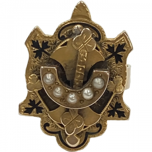 Victorian Era Ring 10K Gold Seed Pearl and Taille d' Epergne Enamel Eastlake Inspired
