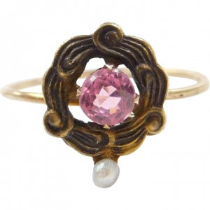 Victorian Faux Tourmaline & Seed Pearl Ring 10K Gold ~ Converted Stick Pin
