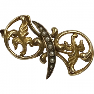Victorian Crescent Moon Brooch 14K Gold with Seed Pearl
