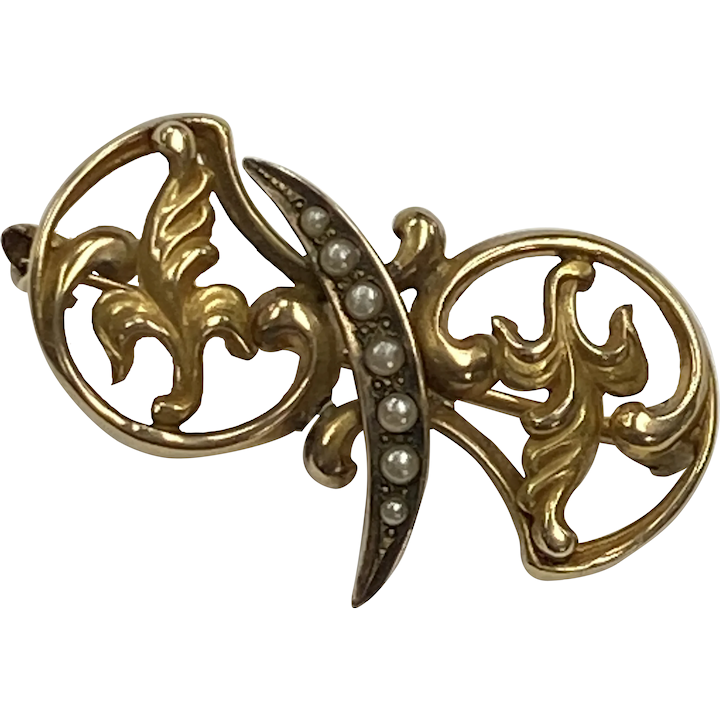 Victorian Crescent Moon Brooch 14K Gold with Seed Pearl