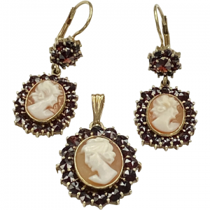 Victorian Revival Cameo Pendant and Cameo Earring Set Bohemian Garnet