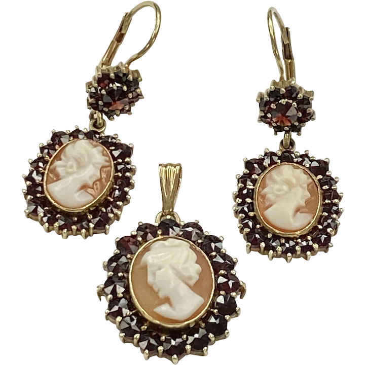 Victorian Revival Cameo Pendant and Cameo Earring Set Bohemian Garnet