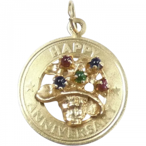 Vintage Basket of Flowers Happy Birthday Pendant 14K