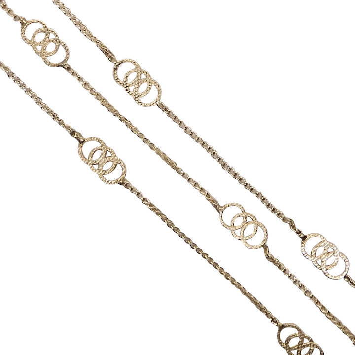 Vintage Circular Station Wheat Link Chain Necklace 14k Yellow Gold
