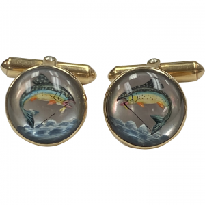 Vintage Cufflinks Sports Fish Trout Intaglio Reverse Paint 14K Gold Essex Crystal