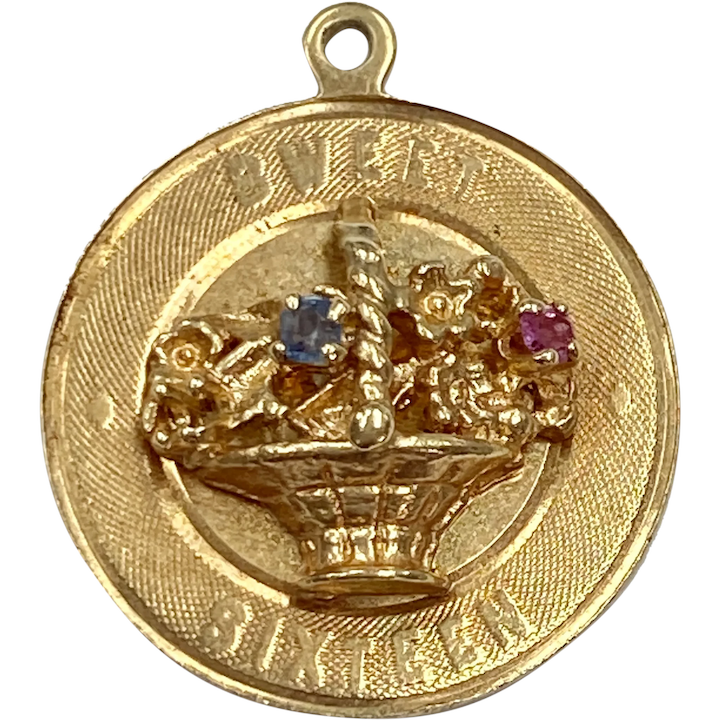 Vintage Jeweled Sweet Sixteen Charm 14K Gold Sapphire and Ruby