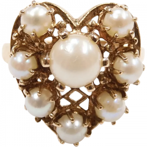 Vintage Retro Cultured Pearl Heart Ring 14k Gold