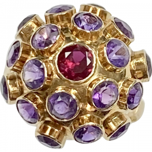 Vintage Sputnik Ring 18K Gold Ruby & Amethyst 4.50 Carats tgw