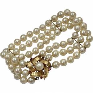 Vintage Triple Strand Cultured Pearl Bracelet 14K Gold and Ruby Clasp