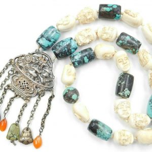 19th Century Qing Dynasty Chinese Buddhist Necklace Carved Bovine & Turquoise