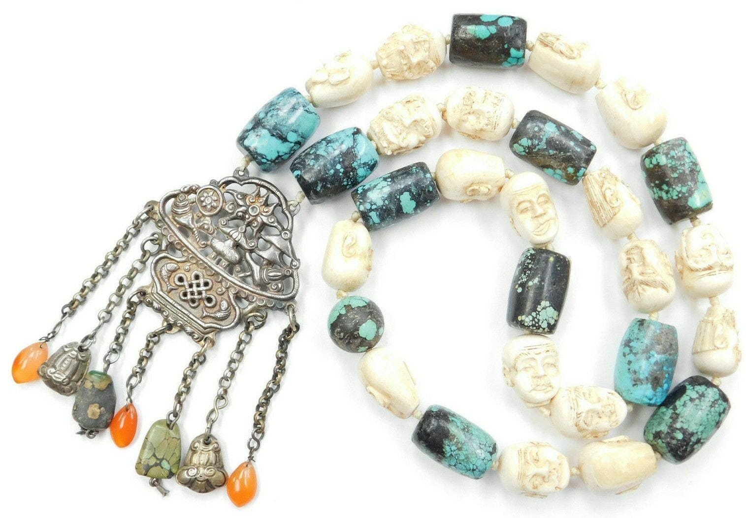 19th Century Qing Dynasty Chinese Buddhist Necklace Carved Bovine & Turquoise