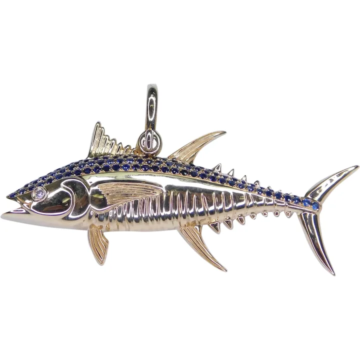 Custom Nautical .69ctw Sapphire & Diamond Tuna Pendant 14K Gold
