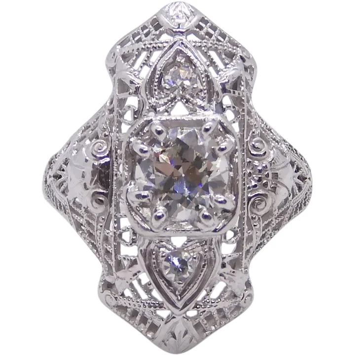 GIA Certified 0.60ctw Edwardian Elongated Filigree Heart Ring