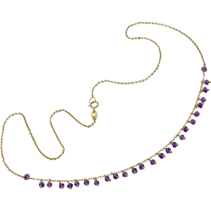 Faceted Petite Amethyst Bead Dangle Necklace 2.08 Carat 14K Gold 18" Length February Birthstone