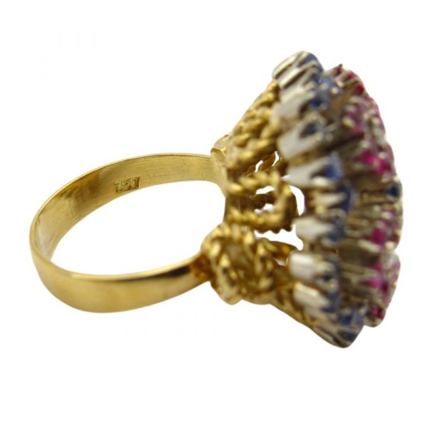 Flower Ring 18K Gold Ruby Sapphire and Diamond 3.02 Carats hallmark