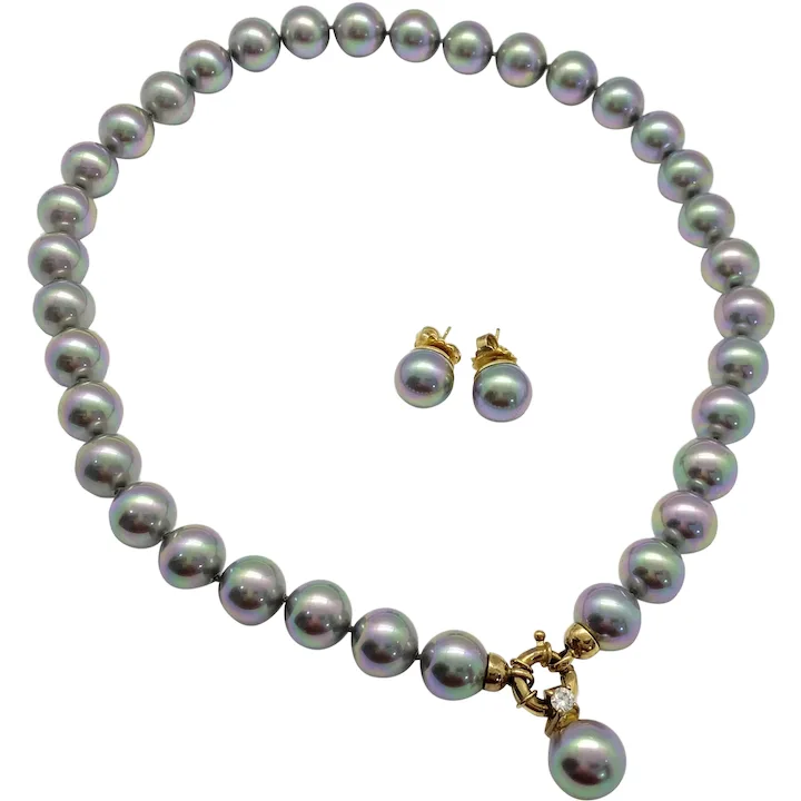 Parure Set Necklace Pendant and Earrings 12 mm Imitation Peacock Tahitian Pearl