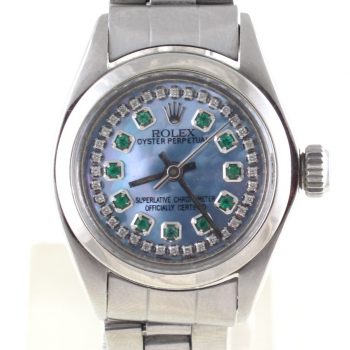 Preowned Ladies Rolex Oyster Perpetual with diamond and emerald dial