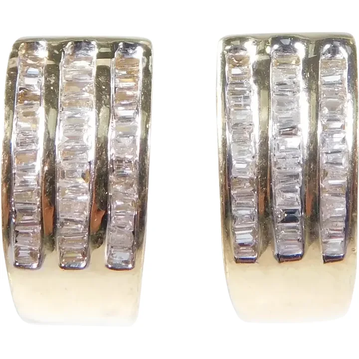Triple Row .39ctw Diamond Huggie Gold Hoop Earrings 14K