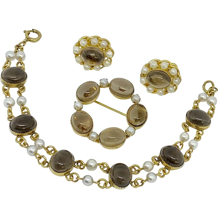 Vintage Parure Set, Bracelet, Brooch, Earrings - Cabochon Smoky Quartz & Cultured Pearl