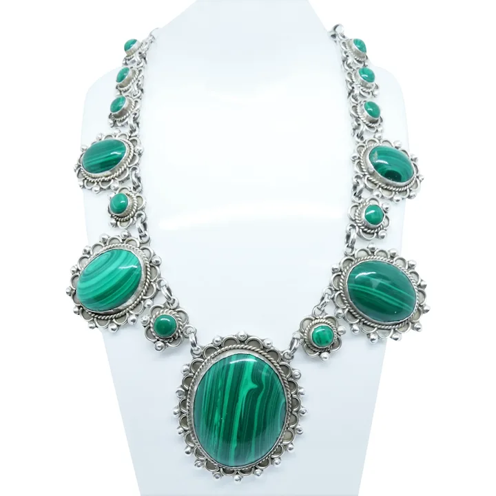 Vintage Sterling Silver Malachite Necklace 14 1/2"