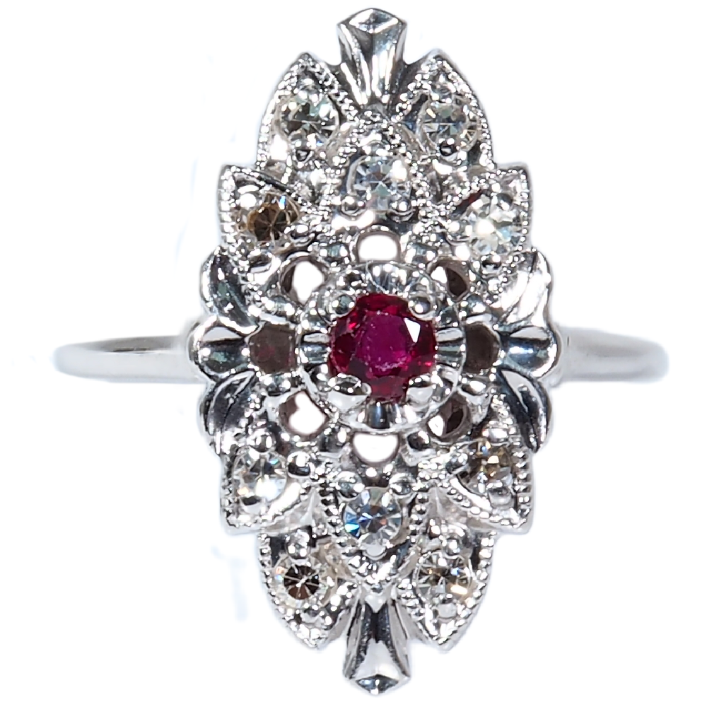Retro .23 ctw Diamond & Ruby Ring in 14K White Gold