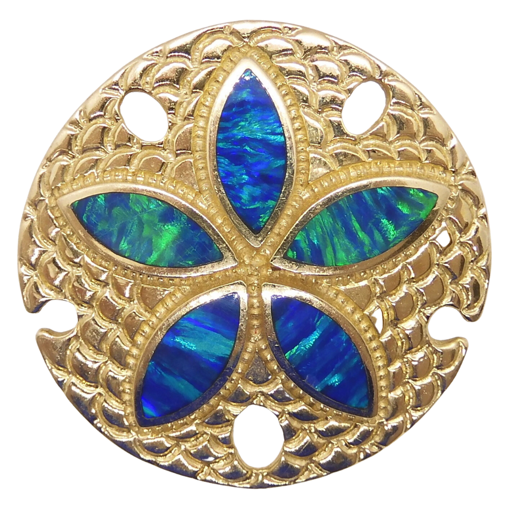 Blue Opal Inlay Sand Dollar Pin Brooch 14k Yellow Gold