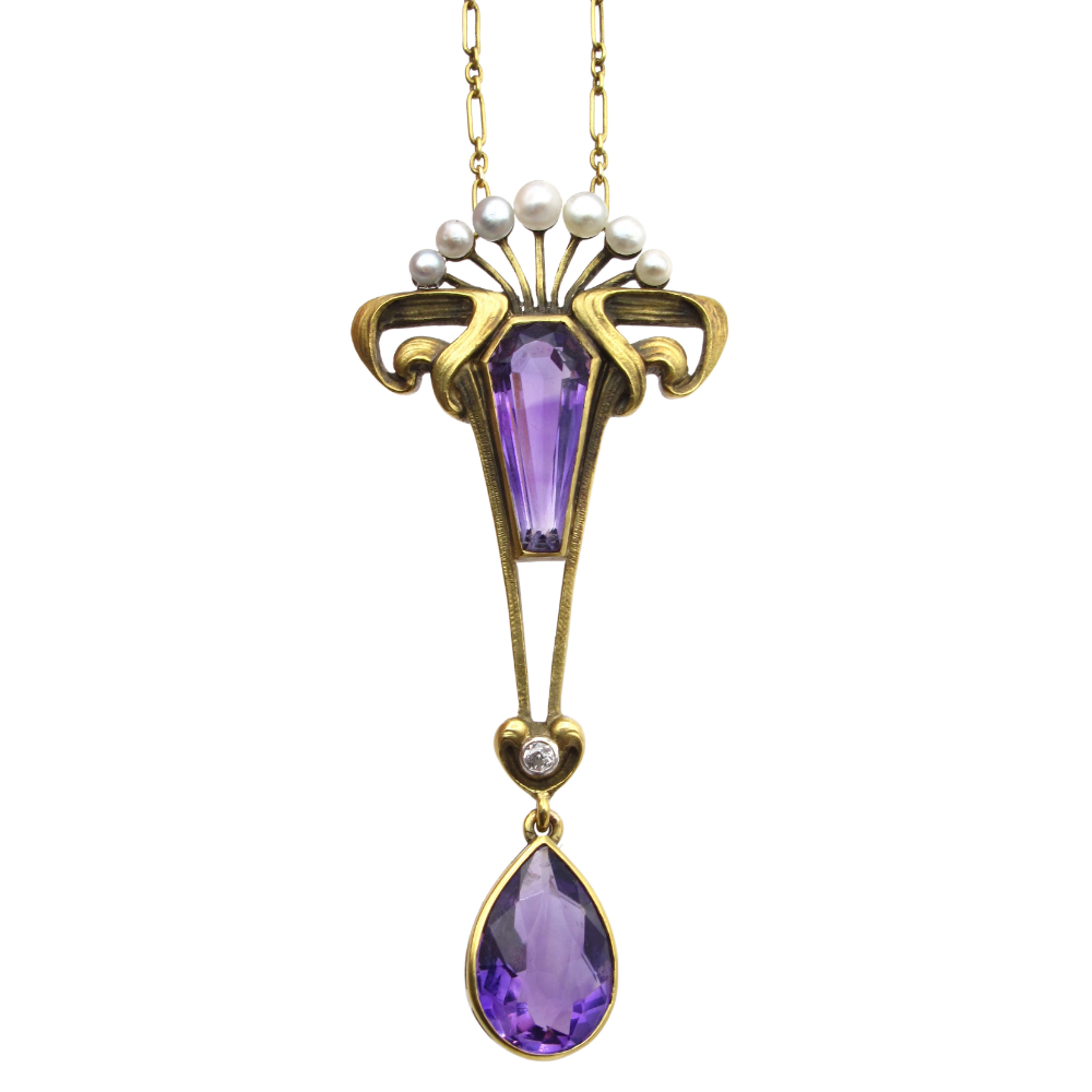 The Brassler Co 1900’s Art Nouveau Amethyst & Pearl Suffragette Necklace 18k