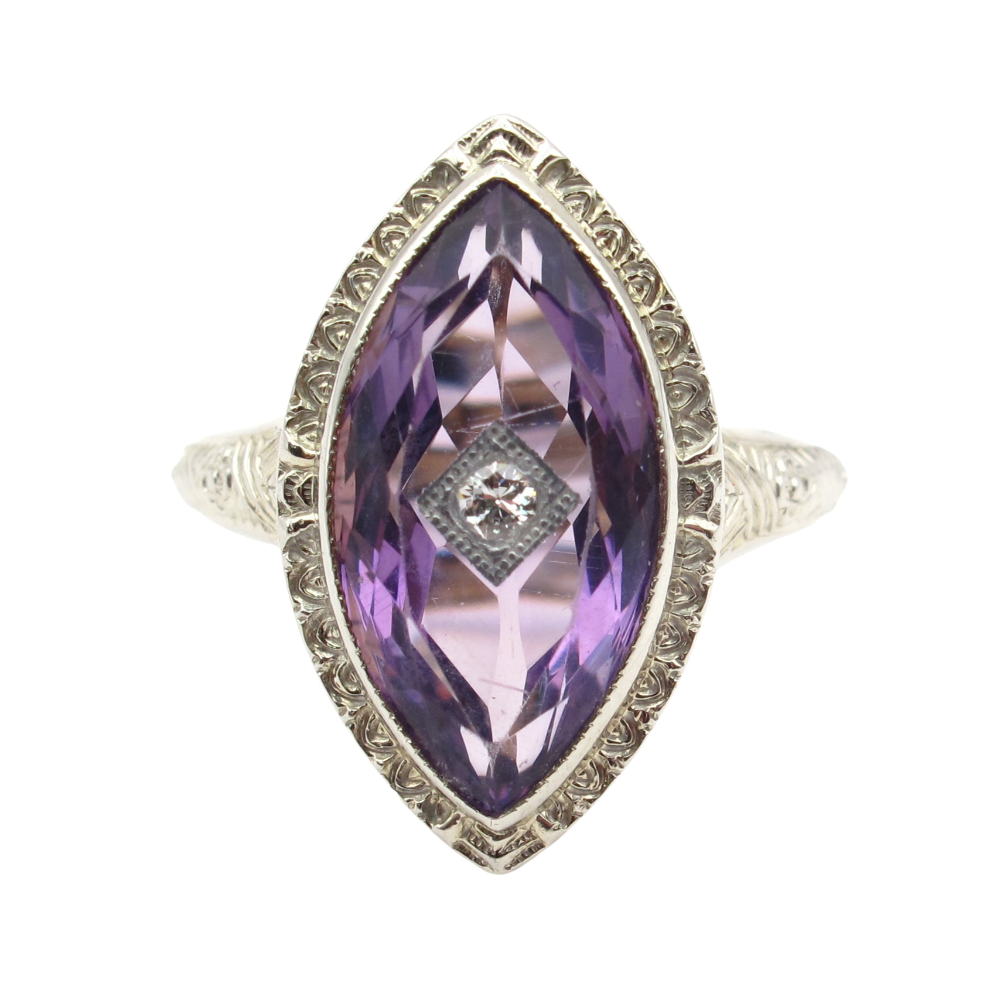 Amethyst and Diamond Art Deco Ring 18K White Gold 4.62 ctw