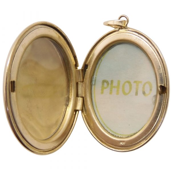 Floral Etched Oval Locket Pendant 14k Yellow Gold Inside