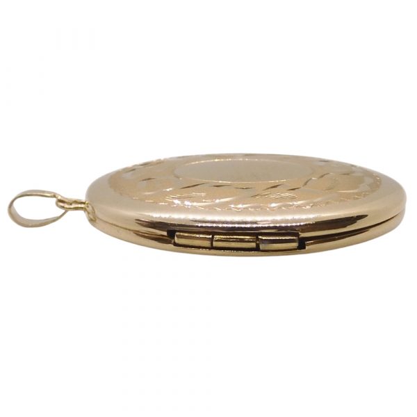 Floral Etched Oval Locket Pendant 14k Yellow Gold Side