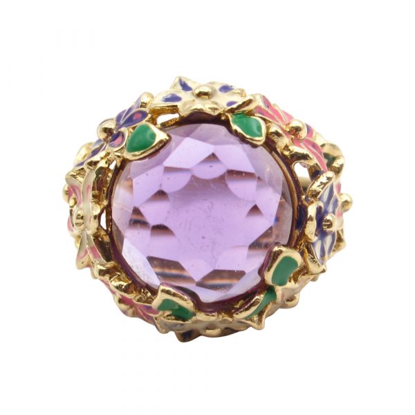 Honeycomb Amethyst Ring with Enamel Floral Details Gold