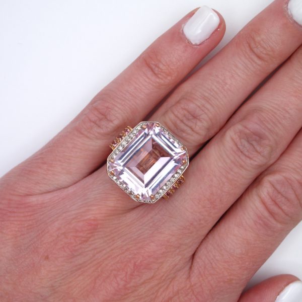 Large Kunzite Halo Pink Gold Ring Hand
