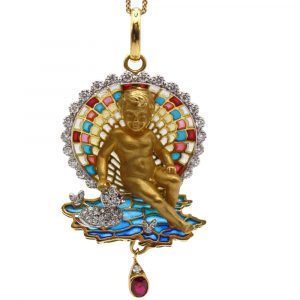 Plique A Jour Cherub Putto Pendant 18k