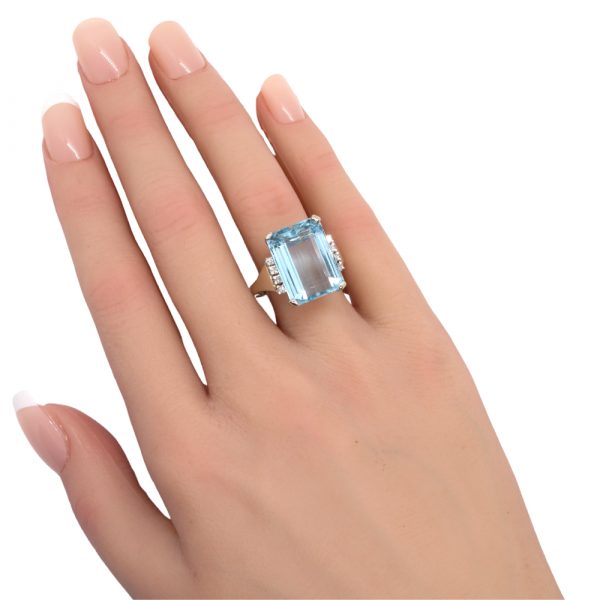 12 Carat Aquamarine Emerald Cut Vintage Ring Worn