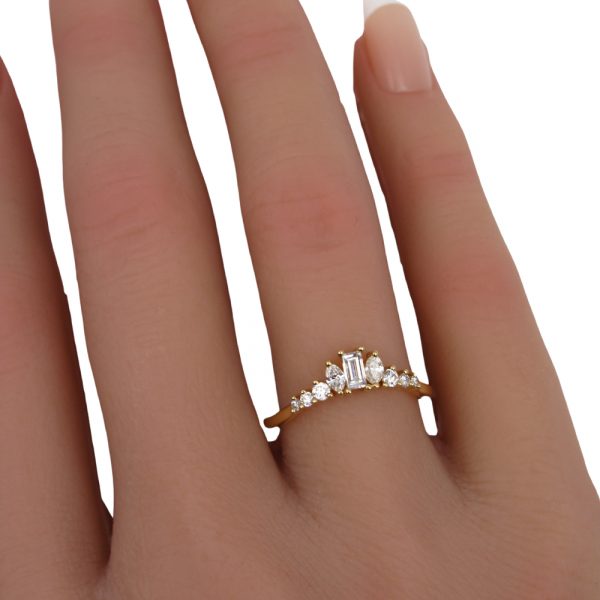Boho Baguette Curved Diamond Band Yellow Gold Worn