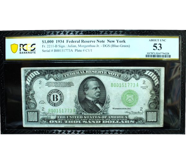 1934 $1000 Federal Reserve Note New York PCGS 53 About Uncirculated
