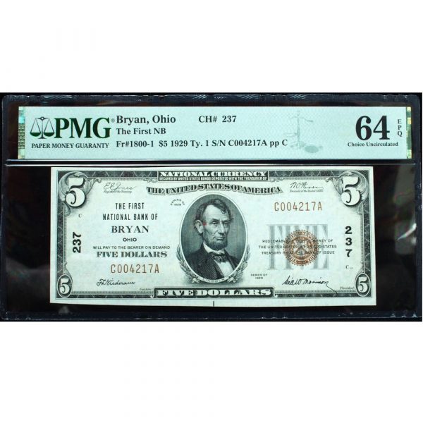 3x Matching Serial 1929 $5 National Currency Bryan, OH Ch# 237 PMG 64 & 55 EPQ