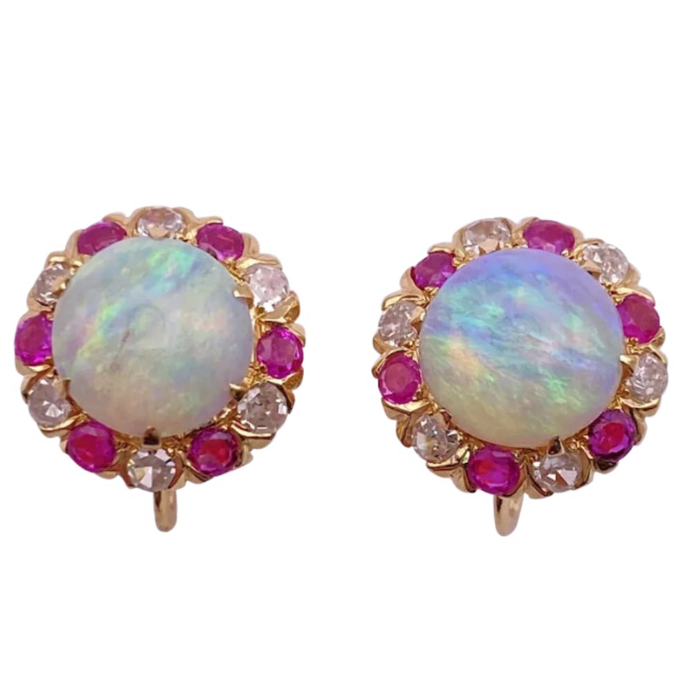 Opal Screw Back Earrings with Ruby and Diamond Halo