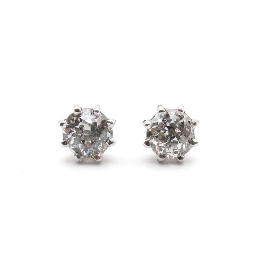 Mine Round Diamond Stud Earrings .75ctw 14k White Gold