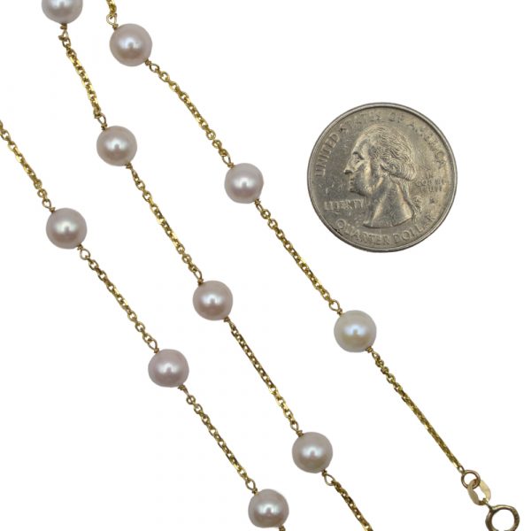 Cultured Pearl Station Cable Chain Link Necklace 14K Yellow Gold Coin Size Comparison