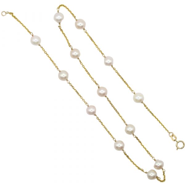 Cultured Pearl Station Cable Chain Link Necklace 14K Yellow Gold Overall