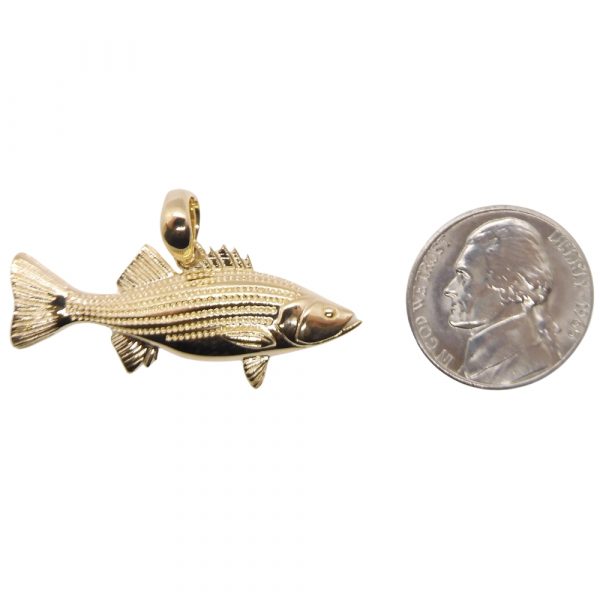 Custom Sea Bass Detailed Sport Fish Pendant 14K Yellow Gold Coin Size Comparison