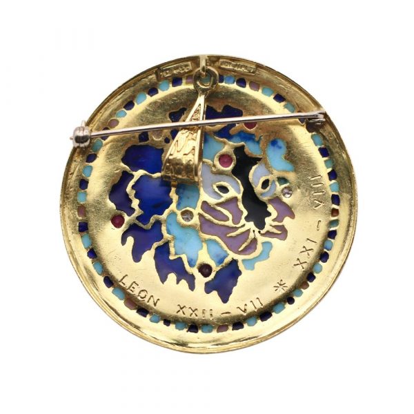 Designer Signed LEO LION Brooch Pendant Diamond, Ruby & Plique-à-jour Enamel 18K back