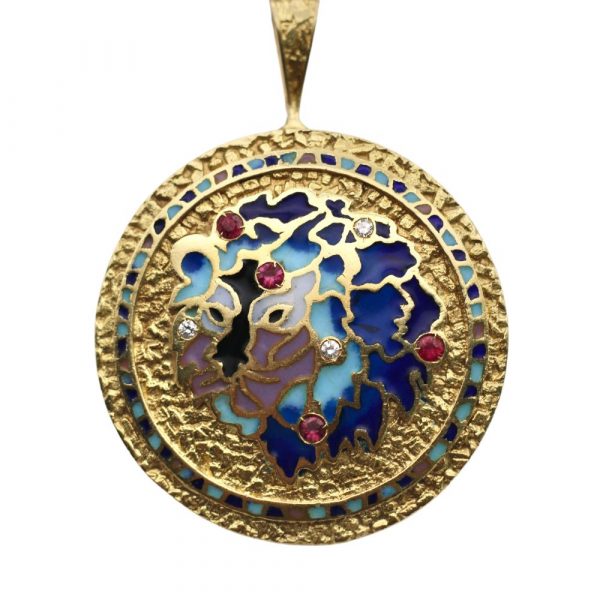 Designer Signed LEO LION Brooch Pendant Diamond, Ruby & Plique-à-jour Enamel 18K with bail