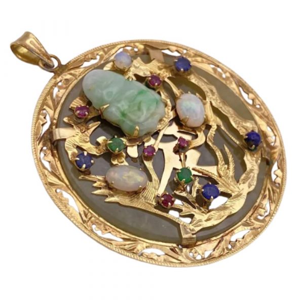 HUGE Multiple Gemstone Oriental Pendant BUDDHA 14K Gold, Jade, Opal, Emerald, Sapphire, Ruby, Lapis side