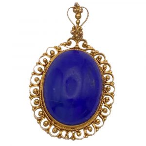 Lapis Lazuli Cabochon Pendant in 14K Gold Filigree Frame, Granulation Accent