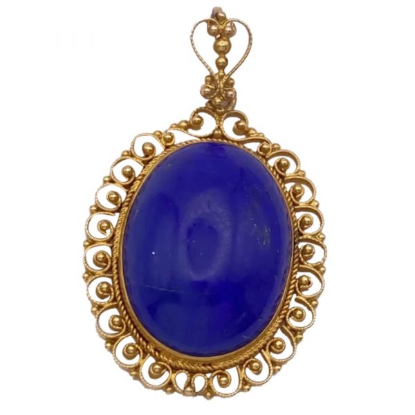 Lapis Lazuli Cabochon Pendant in 14K Gold Filigree Frame, Granulation Accent