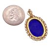Lapis Lazuli Cabochon Pendant in 14K Gold Filigree Frame, Granulation Accent back and size comparison to a quarter
